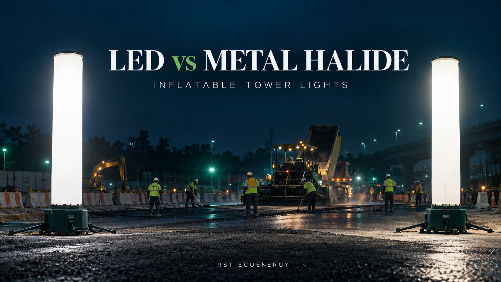 LED और Metal Halide inflatable tower lights की तुलना दर्शाता रात्रिकालीन construction site